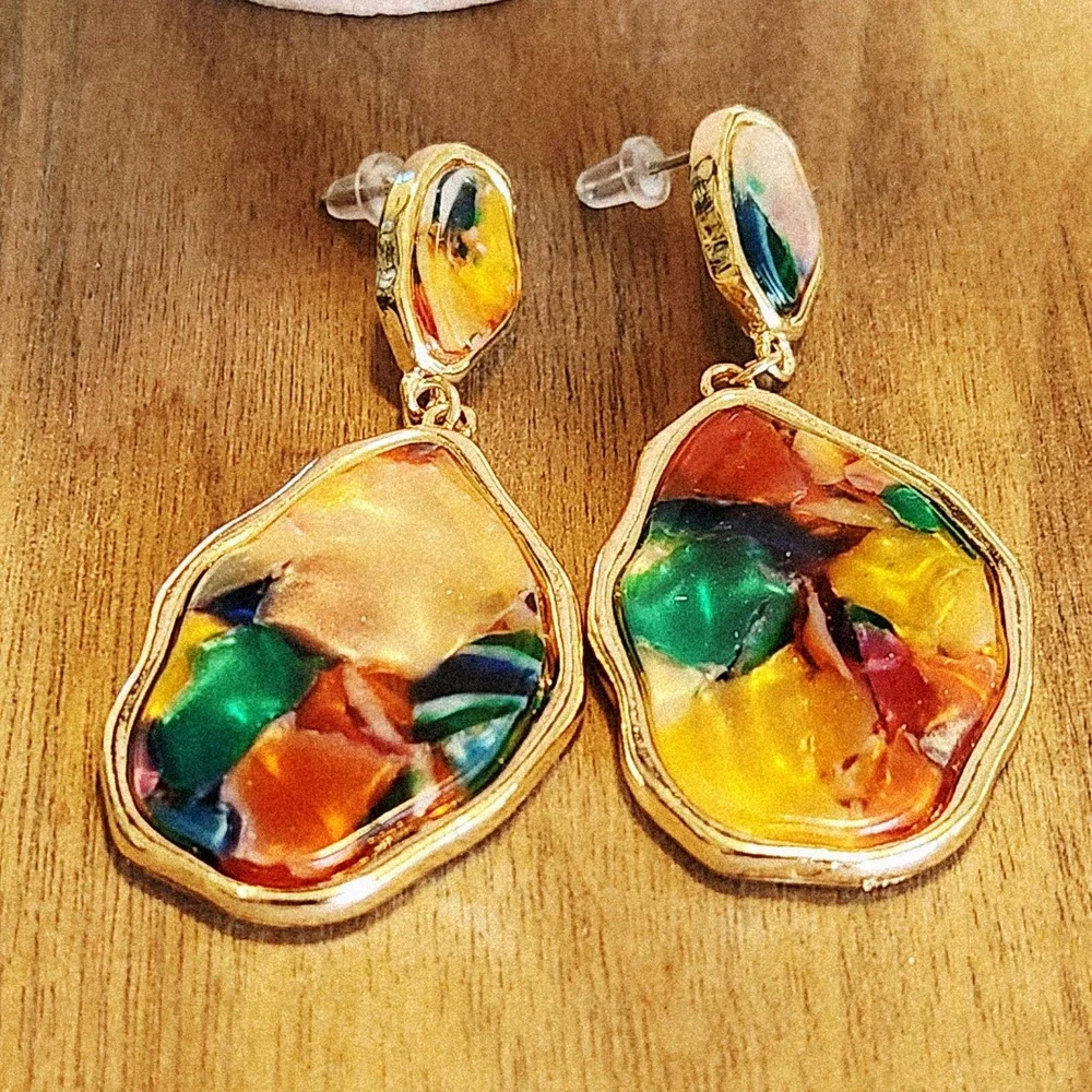 Multicolor Resin Mosaic Gold Tone Organic Shape Drop Dangle Earrings Statement